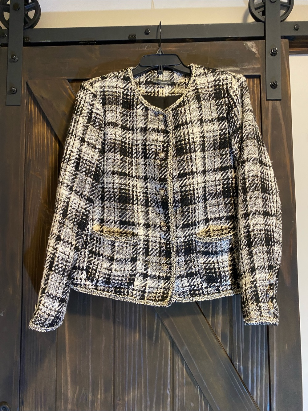 Adrianna Papell Black & White Plaid Tweed Jacket with Gold Trim